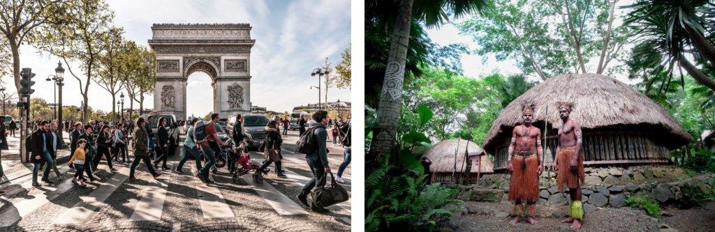 People crossing the road in Paris, France © Jacek Dylag | People in Bali, Indonesia, © Surya Prakosa