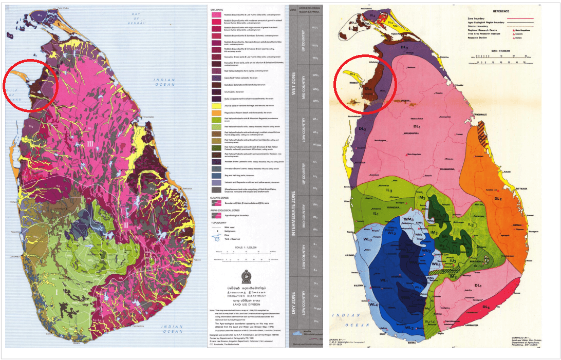 The agroecological zones of Sri Lanka and Soil Map - source: Sri Lankan Irrigation Department