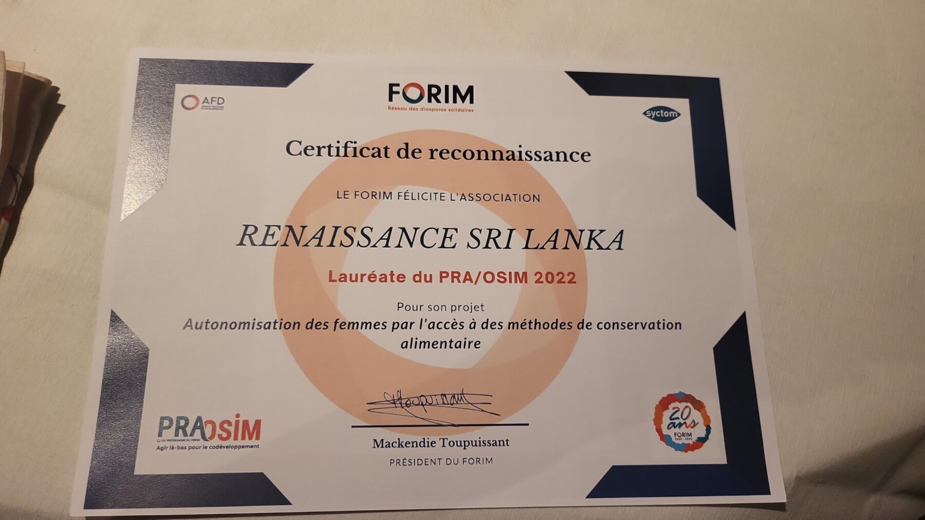 Certificate of Recognition awarded by FORIM to Renaissance Sri Lanka © Renaissance Sri Lanka